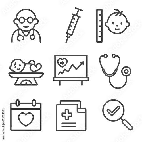 Baby Health Icons. Line style icons of baby health checkup: baby doctor, vaccination syringe, height chart, baby scale, health