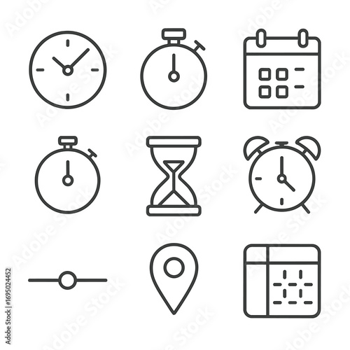 Minimal Time Icons. Line style icons of essential time elements: outline clock, simple stopwatch, clean calendar, minimal timer,
