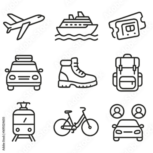 Travel Mode Icons. Line style icons of travel modes: airplane icon, cruise ship, train ticket, road trip car, hiking boots, travel