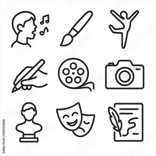 Creative Expression Icons. Line style icons of expression and art modes: singing icon, painting brush, dance pose, writing hand,