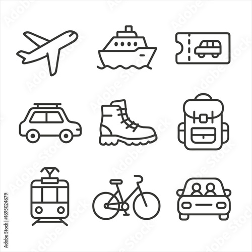 Travel Mode Icons. Line style icons of travel modes: airplane icon, cruise ship, train ticket, road trip car, hiking boots, travel