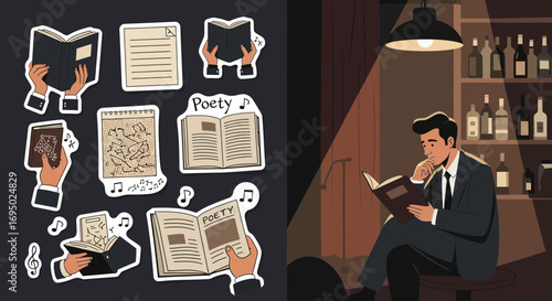 Cartoon illustration of a man reading and poetry book illustrations and stickers