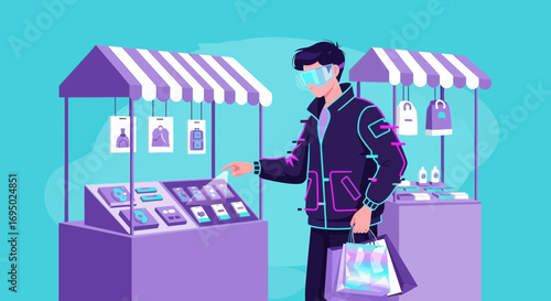 Cartoon Illustration of a Man Shopping with VR Glasses in a Futuristic Market Setting