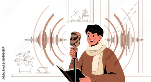 Cartoon illustration of a podcast host recording with microphone and sound wave effect with a