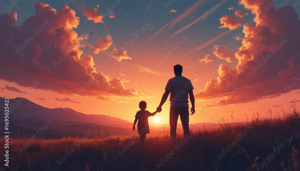 Fototapeta premium Father, child silhouettes hold hands against vibrant desert sunset sky. Warm hues of orange, pink clouds illuminate serene landscape. Scene evokes togetherness, happiness, parental bonding during