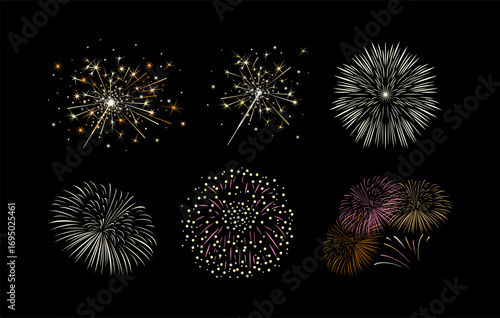 Set of celebration fireworks and sparklers isolated on dark background. Vector cartoon flat illustration