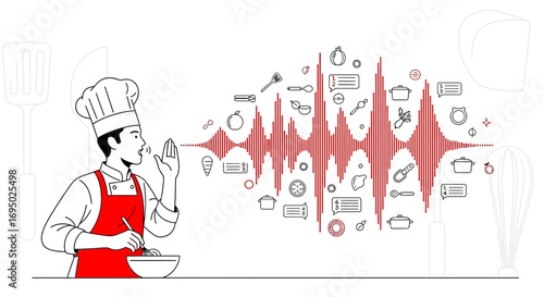 Chef communicating recipe using voice recognition technology with kitchen icons scattered