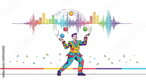 Colorful Juggler Performing with Balls Against Abstract Soundwave and Cityscape Design