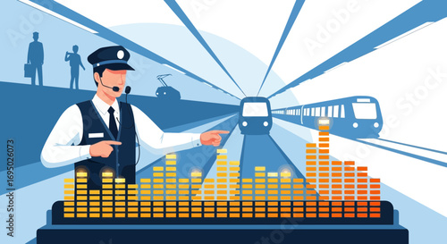 Concept of a train controller observing the noise levels in the subway station control room