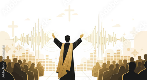 Conceptual illustration of a preacher addressing a crowd with abstract soundwaves
