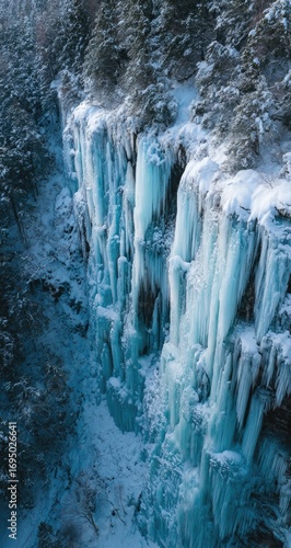 Frozen waterfall cascading down icy cliff face, winter wonderland