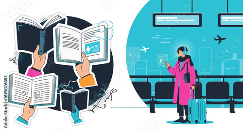 Conceptual vector artwork contrasting reading books with modern travel experiences illustration