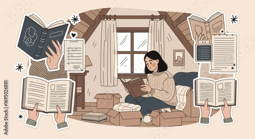 Cozy attic study space illustration with a woman reading and book stickers around