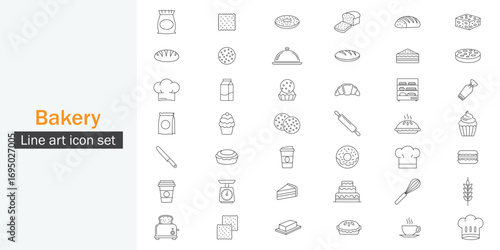 Bakery icon set. Pizza, beverage, bread, burger, cake, chicken, grill, snack and more icon line art style design