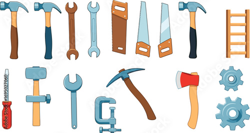A comprehensive assortment of essential hand tools for construction, repair, and DIY projects, showcasing diverse implements for various manual tasks and practical applications