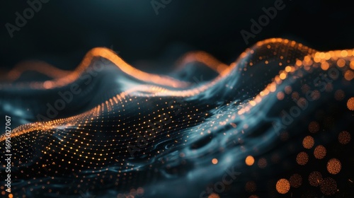 abstract dark neon wave lines and mesh dots