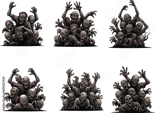 Terrifying cartoon zombie horde rising from the ground, horror undead creatures, Halloween monsters, apocalypse theme, creepy scary illustration