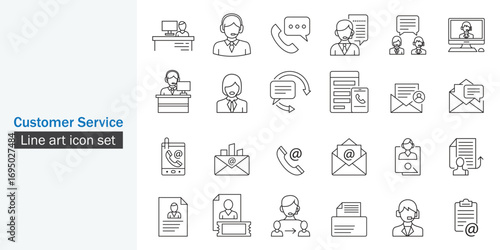Customer service icon set. Consulting, service, communication, headphone, desk, computer, talk symbol line art design