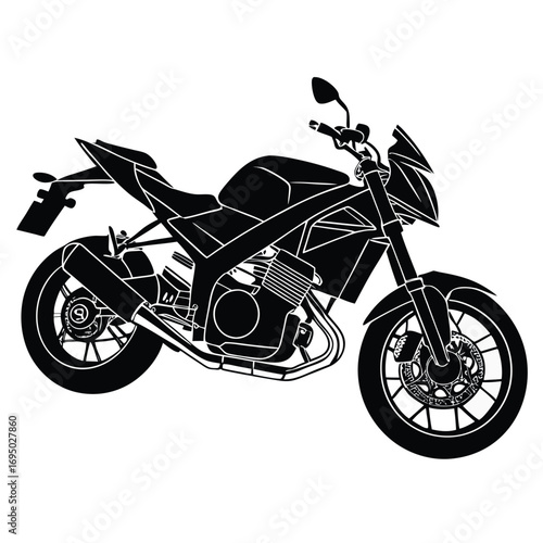Sleek black sport motorcycle silhouette, a powerful and dynamic superbike icon isolated on a white background for design