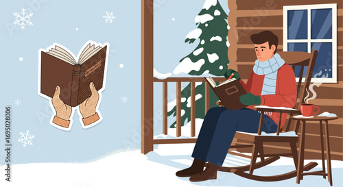Cozy winter scene of a man reading in a rocking chair with a book in hands sticker scene with snow