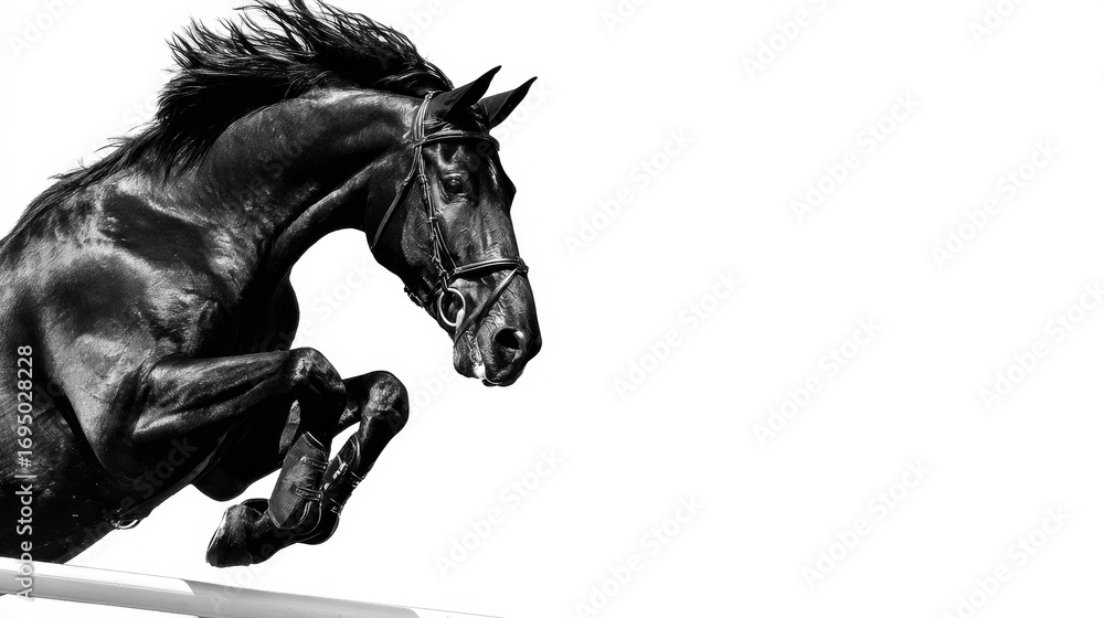 Obraz premium Black Horse Gracefully Jumping Over a Barrier in an Equestrian Exhibition During Early Morning Light