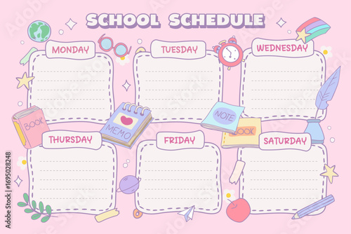  school schedule horizontal blank,  kids, elementary school, timetable, memory, organiser, reminder,  template, cute vector illustration