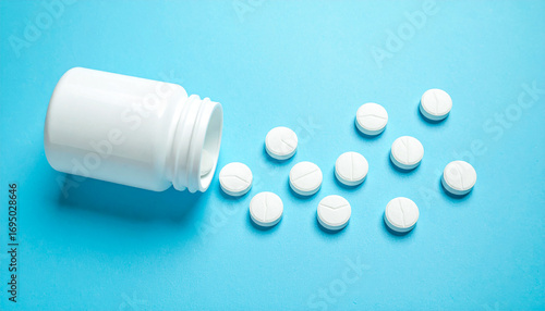 White Medicine Tablets Spilled from Container on Blue Background
