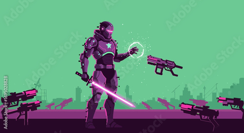 Cybernetic warrior with laser sword controlling weapons in dystopian cityscape setting