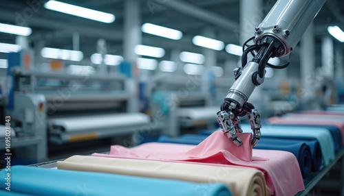 Robotic arm operates in high-tech textile lab, handling fabric samples near weaving machines. Automation ensures precision in dyeing, production, quality control. Research, development for new styles.