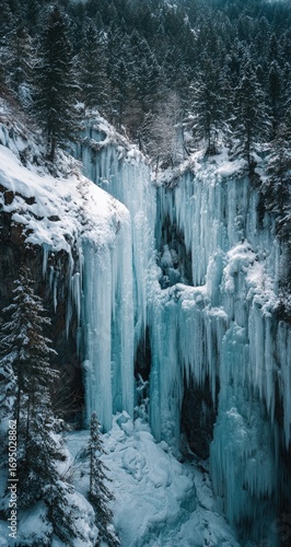 Frozen waterfall cascading down icy canyon walls, surrounded by snow-covered pine trees