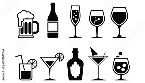 WebVibrant collection of modern drink icons featuring beer, wine, cocktails, and spirits perfect for bar menus, party invitations, or beverage branding.