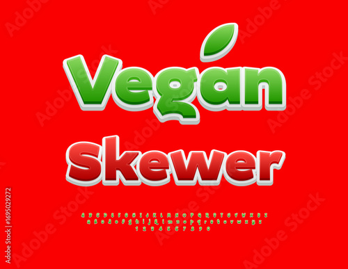 Vector Cooking board Vegan Skewer. Unique Green Font. Modern Alphabet Letters and Numbers set.	