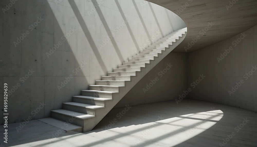 Naklejka premium Interior of a contemporary home with a wooden staircase leading up to an empty loft, a stairway to heaven