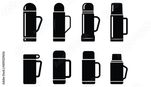 WebCollection of sleek black thermos icons, showcasing diverse designs for keeping drinks hot or cold, perfect for travel, outdoor adventures, and everyday convenience.