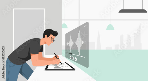 Digital artist creating artwork on tablet in modern office environment overlooking cityscape