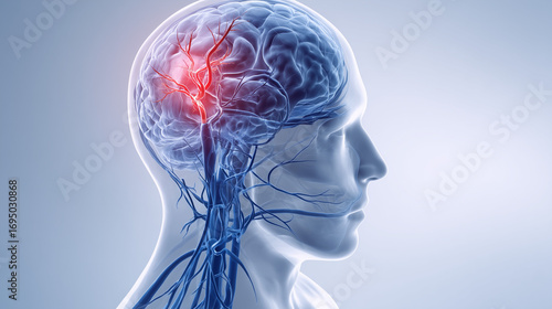 3D medical illustration of human brain stroke with highlighted area
