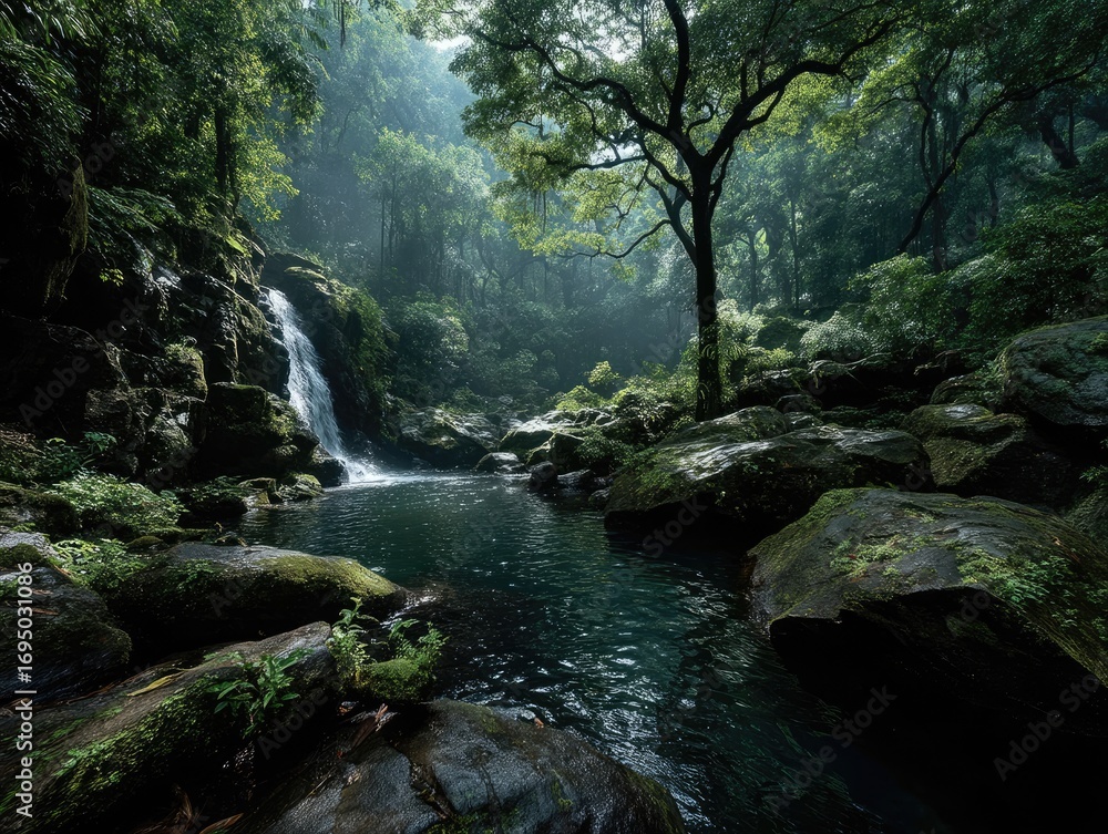 Fototapeta premium and keyword list based on the imageWaterfall Flowing Down Rocky Slope into Pool in Lush Green Forest.