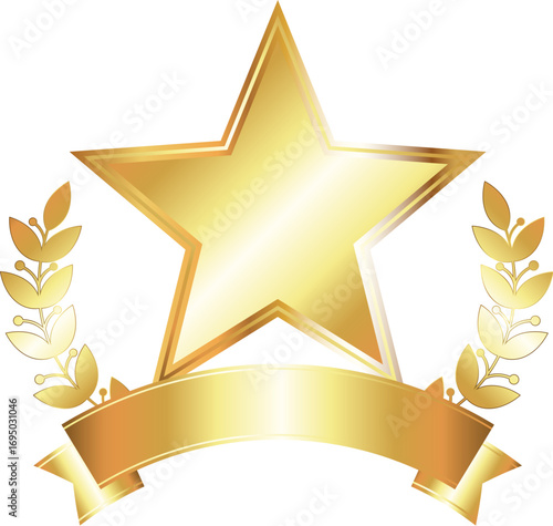 Gold five-pointed star in a round wreath of leaves and a gold ribbon