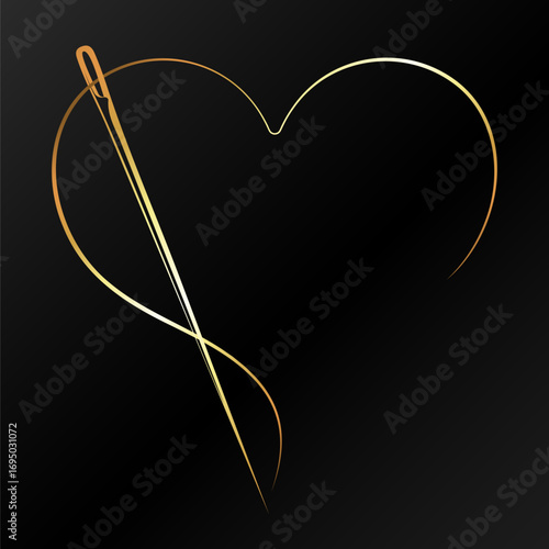 Golden sewing needle and heart sign, symbol for sewing and cutting