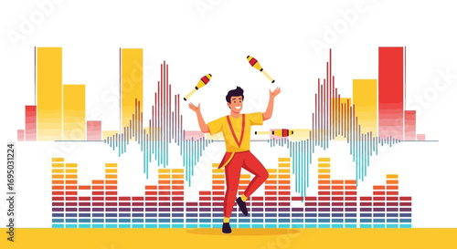 Dynamic juggling performance combined with vibrant audio frequency visualization background