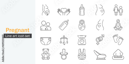 Pregnant icon set. Motherhood, pregnancy, support, feeder, toy and more icon line art style design