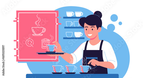 Elegant barista serving aromatic coffee illustration showcasing the art of coffee preparation