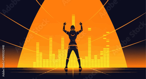 Energetic silhouette dancer in an illuminated soundscape with vibrant orange tones