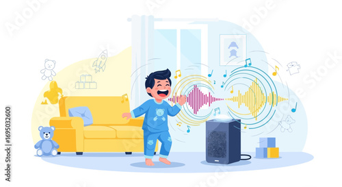 Energetic toddler singing with loudspeaker and visual representation of sound waves in playful room
