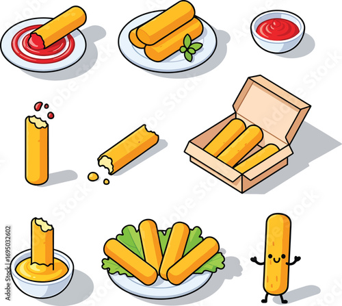 Set of Cartoon Mozzarella Sticks with Dips