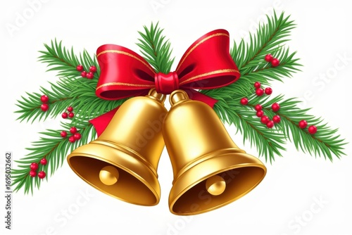 Golden christmas bells with red bow and pine sprigs