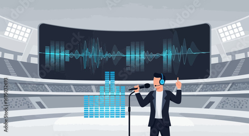 Energetic speaker delivering an impactful presentation at a modern stadium stage setup