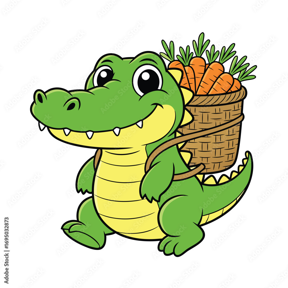 Fototapeta premium Cute Cartoon Alligator Carrying Carrots Basket