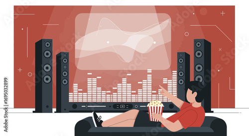 Enjoying a cinematic experience at home watching movie with immersive sound system and snacking on