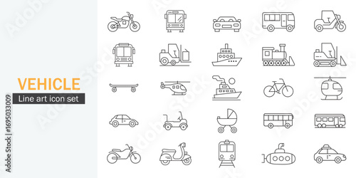 Vehicle icon set. Content bicycle, train, car, bus, truck, ship, delivery truck symbol design